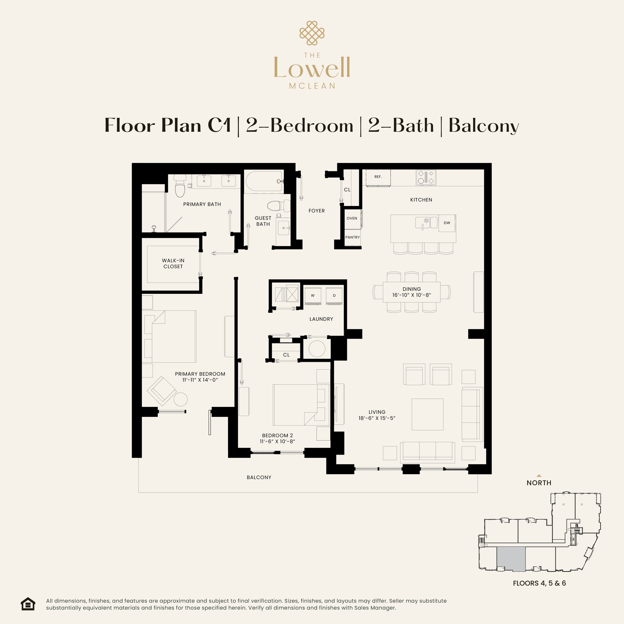 The Lowell luxury condominium two-bed, two-bath, and balcony floor plan