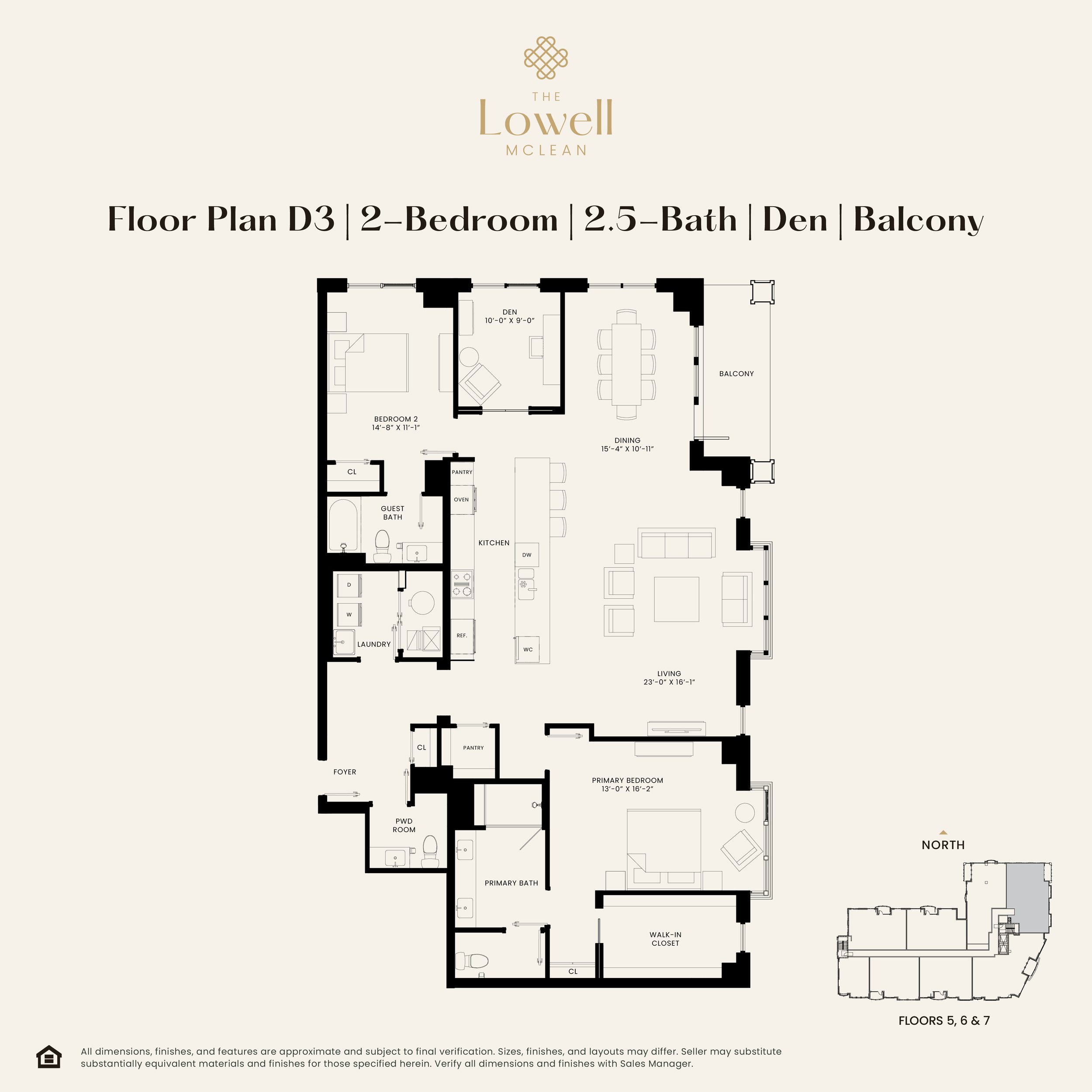The Lowell luxury condominium two-bed, two-and-a-half-bath, plus den and balcony floor plan